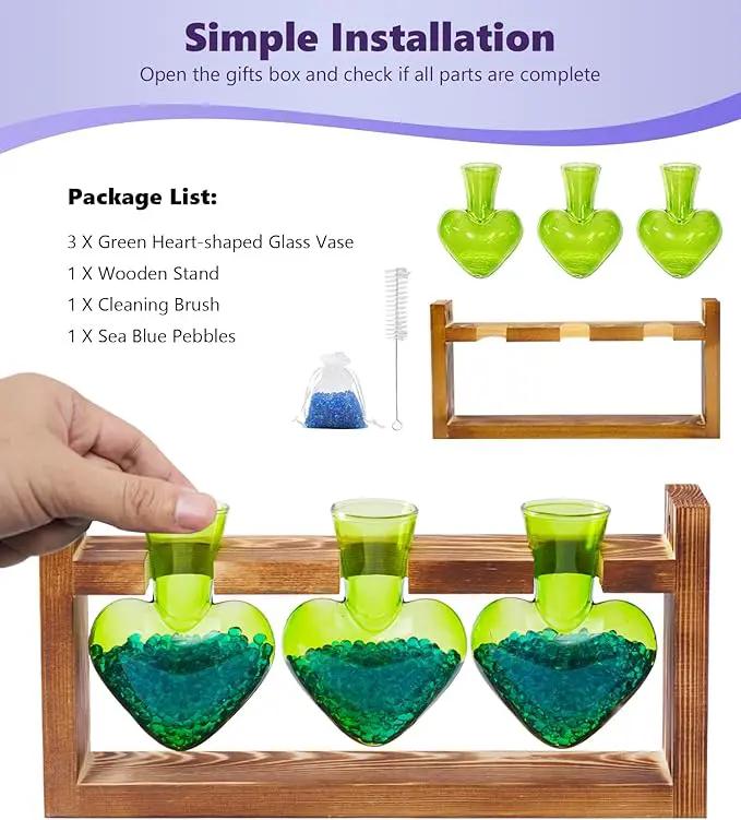 Nacome Plant Terrarium for Office Decor: Birthday Gifts for Plant Lovers Women Mom Wife - Wooden Stand Tabletop Planter 3 Bulb Glass Vase Heart Shaped for Hydroponics Indoor Home(Green) by GreenHaven Gardens