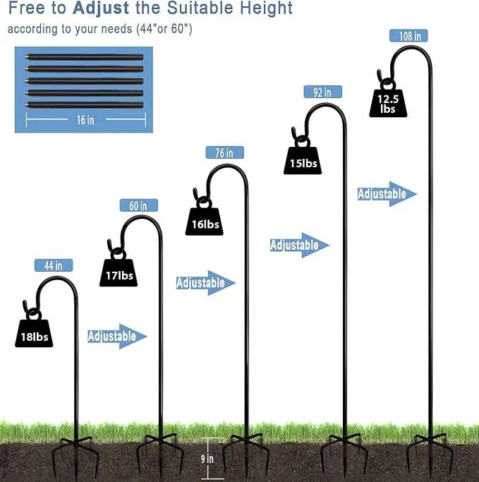 108 inch Outdoor Shepherd Hook with 5 Prong Base (2 Packs), Adjustable Heavy Duty Garden Hanging Stake for Bird Feeder Solar Light Plant Hanger Wedding Decor, Matte Black by GreenHaven Gardens