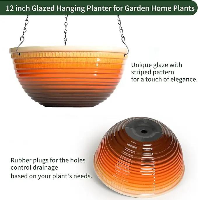12 inch Hanging Planters for Indoor Outdoor Plants, 2 Pack Large Hanging Flower Pots with Drainage Holes and Chain, Glazed Hanging Baskets for Home Garden Decoration, Orange by GreenHaven Gardens