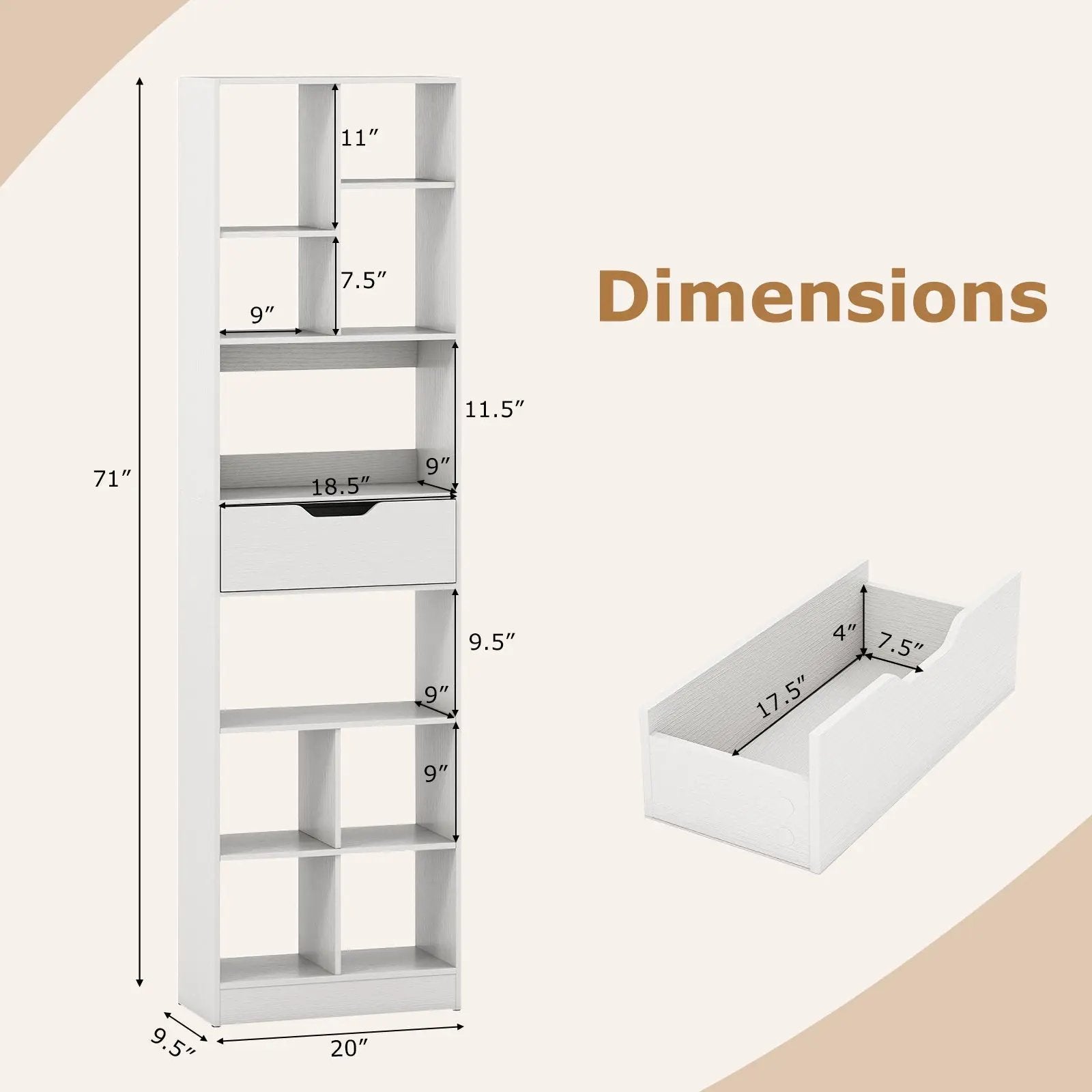 71inch Tall Freestanding Bookcase with Drawer 10-Cube Storage Organizer by DirectDeals
