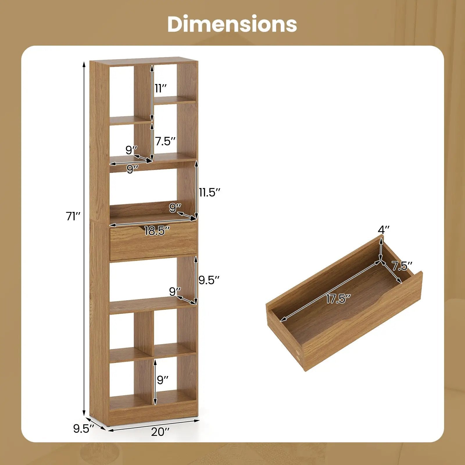 71inch Tall Freestanding Bookcase with Drawer 10-Cube Storage Organizer by DirectDeals