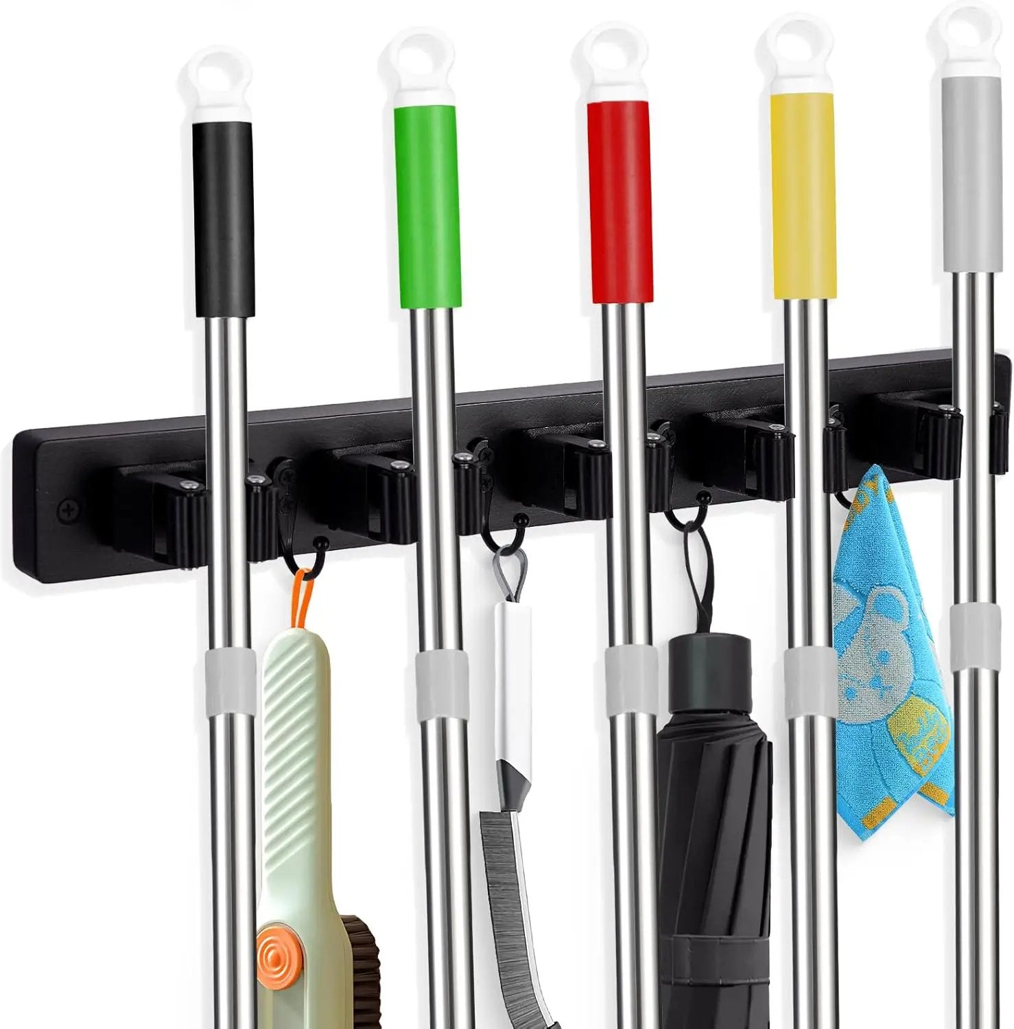 Broom Holder Wall Mount With 5 Slots & 4 Hooks，Rustic Wood Broom & Mop Hanger，Wall Mounted Garden & Garage Tool Storage Organizer Rack for Closet Laundry Room or Kitchen Wall Decor Black by GreenHaven Gardens