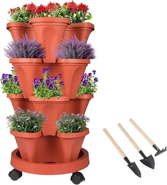 Vertical Planter 4 Tier Stackable Planters Garden Planters Strawberry Herb Flower and Vegetable Planter Indoor Outdoor Gardening Pots with Removable Wheels and Tools by GreenHaven Gardens