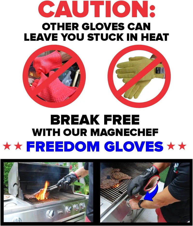 Freedom BBQ Gloves 932°F Heat Rated Magnetic EZ On Off Safety Clips Waterproof for Grills Smokers Fryers Ovens (14") by GreenHaven Gardens
