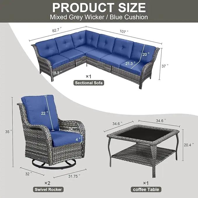Outdoor Furniture Sectional Sofa L Shaped Couch - Patio Wicker Set with 2 Swivel Glider Chairs, 5 Piece Rattan Patio Conversation Sets with Blue Cushion for Deck Backyard Sunroom by GreenHaven Gardens