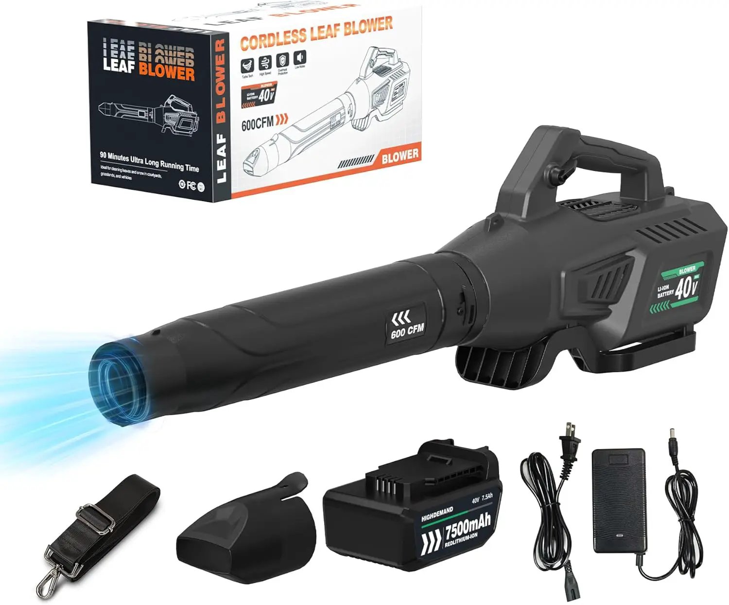 Leaf Blower Cordless with Battery - 40V Powerful Electric Leaf Blower, 600CFM &180MPH and Variable-Speed with 7.5Ah Battery and Charger for Lawn Care, Patio, Dust, Blowing Leaves (Grey) by GreenHaven Gardens