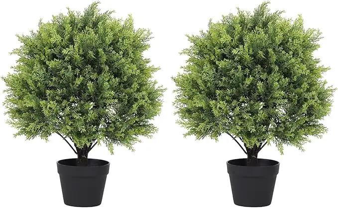 THE BLOOM TIMES 2ft Artificial Topiary Ball Trees Outdoor Set of 2, 24" Tall Faux Cedar Plants Outside UV Resistant Greenery Fake Evergreen Potted Bushes and Shrubs for Front Porch Patio Planter Decor by GreenHaven Gardens