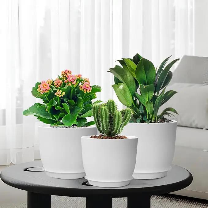 9/8/7.5 inch Flower Pots, Set of 3 Modern Decorative Plastic Planters with Drainage Holes and Saucers, Plant Pots for Indoor Outdoor Plants, White by GreenHaven Gardens