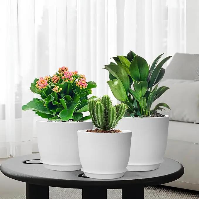 12/10/9 inch Large Plant Pots, 3 Pack Modern Decorative Plastic Planters with Drainage Holes and Saucers, Flower Pots for Indoor Outdoor Plants, White by GreenHaven Gardens