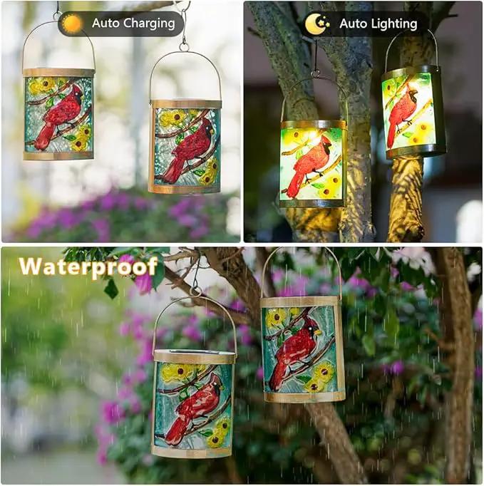 Starsoul 2 Pack Hanging Solar Lantern Outdoor Waterproof Glass Red Cardinal Decorative Solar Lights for Outside Garden Yard Table Patio Decor Cardinal Gifts by GreenHaven Gardens