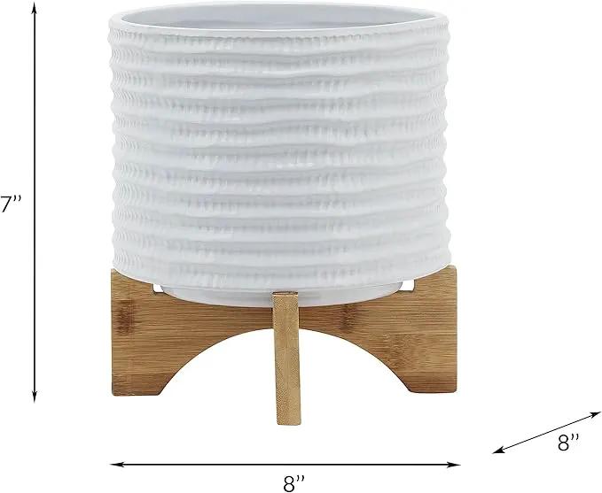 8" Ceramic Planter Stand, White with Wooden Base, Indoor/Outdoor Planter with Stand for Your Succulents and Small Plants, White Planter by GreenHaven Gardens