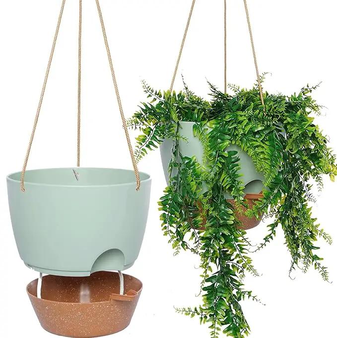 8 inch Hanging Planters, 2 Pack Self Watering Hanging Pots with 20oZ Deep Reservoir for Indoor Outdoor Plants Flowers, Green with Brown by GreenHaven Gardens