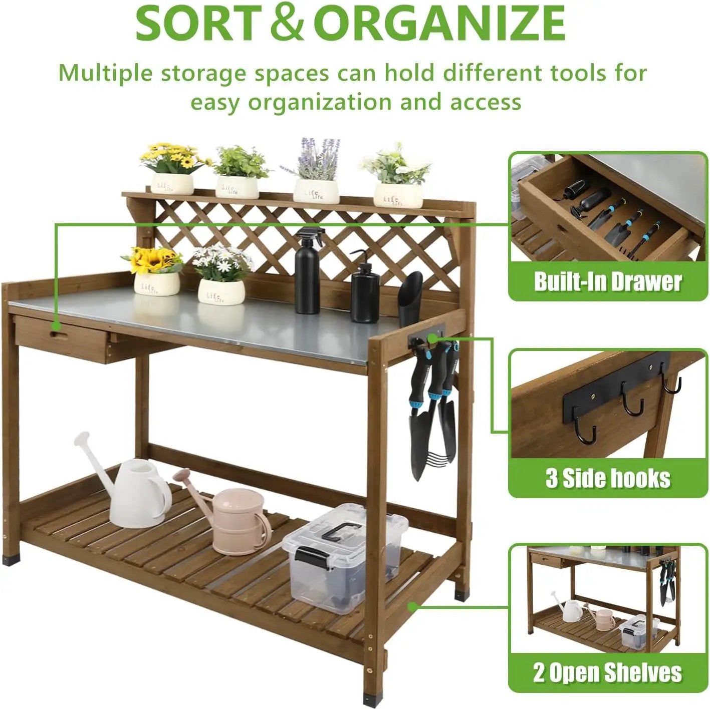 Garden Potting Benches & Tables,Outdoor Wooden Work Station W/Metal Table Top,Drawer,Large Bottom Shelf,Open Shelf Natural Wood-Natural Stained by GreenHaven Gardens