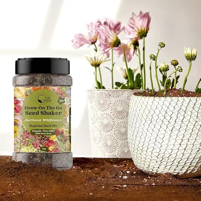 Geva Grow on The Go Seed Shaker - Northwest Wildflower Seeds Regional Mix - Organic, Non-GMO - 100% Pure Seed - 20 Different Wildflowers Seeds of Annual and Perennial, 2oz by GreenHaven Gardens