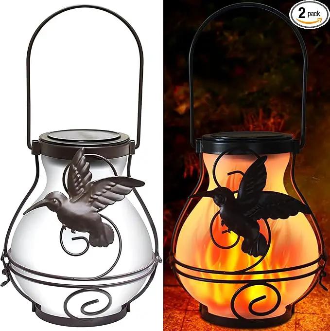 2 Pack Solar Flickering Flame Lights,Outdoor Upgraded Metal Lantern for Hanging Solar Powered Waterproof LED Flame Glass Lanterns for Patio Garden Christmas Halloween Decorations by GreenHaven Gardens