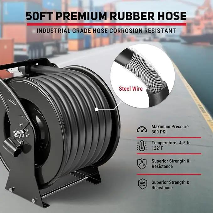 Retractable Fuel Hose Reel with Refueling Nozzle 1" x 50ft Spring Driven Diesel Hose Reel 300 PSI Industrial Auto Swivel Heavy Duty Steel Construction Reel for Ship Vehicle Tank Truck, Black by GreenHaven Gardens
