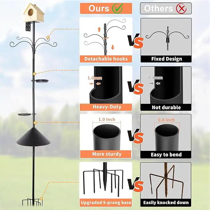 eWonLife 92 Inch Bird Feeder Pole with Squirrel Baffle & Upgraded 9-Prong Base, Adjustable Bird House Pole for Outdoors Heavy Duty, Bird Feeder Stand Post Station with 4 Shepherd Hooks, Birdbath, Tray by GreenHaven Gardens