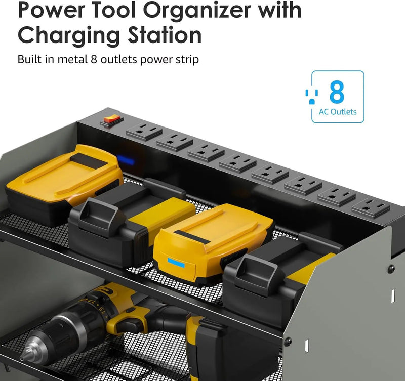 CCCEI Modular Power Tool Organizer Wall Mount Charging Station, Grey 6 Drills Holder with 8 Plug Power Strip 10FT, Garage Drill Battery Heavy Duty Metal Shelf, Utility Rack with Hooks, Side Storage. by GreenHaven Gardens