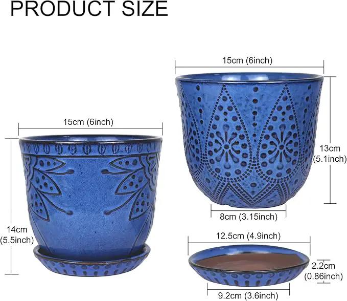 Gepege 6 Inch Beaded Ceramic Planter Set of 2 with Drainage Hole and Saucer for Plants, Indoor-Outdoor Large Round Succulent Orchid Flower Pot (Blue, for Inner-pots not Larger Than 5 Inch) by GreenHaven Gardens