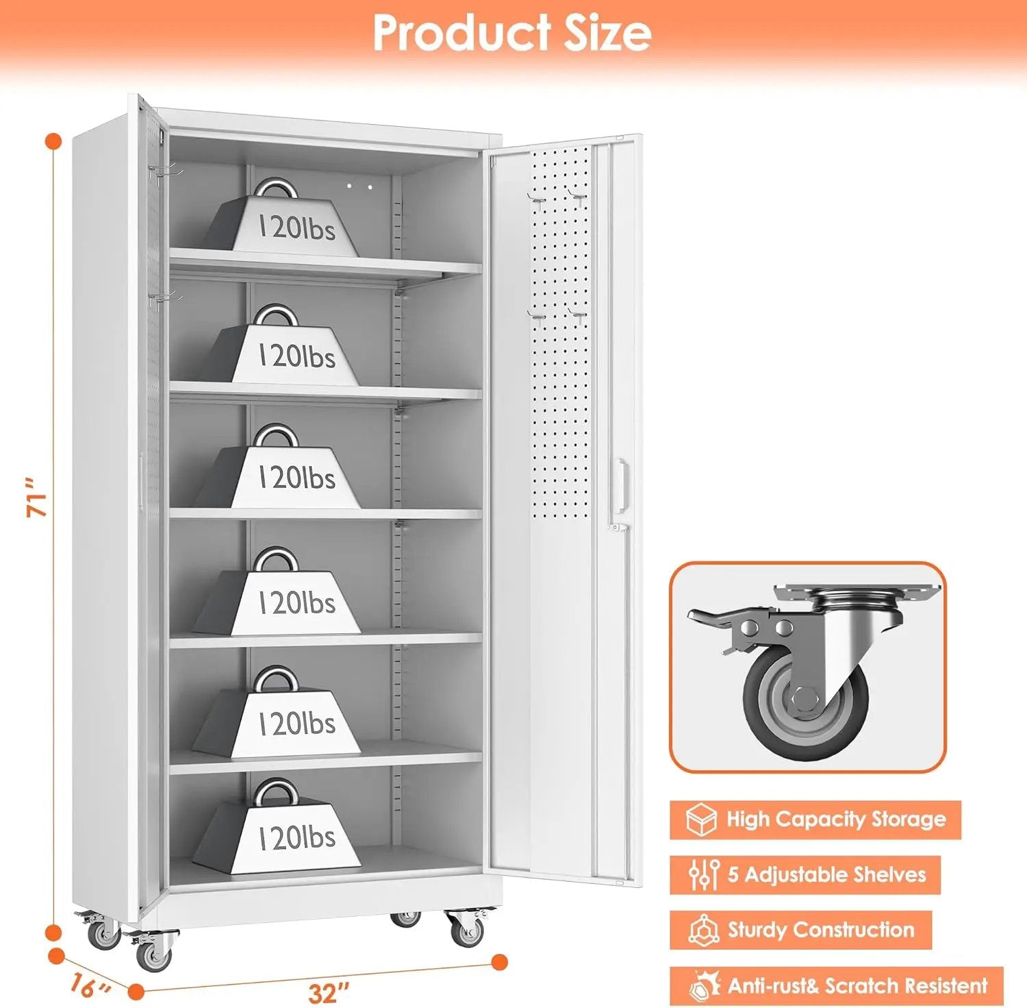 71" H×32" W×16" D Garage Storage Cabinet with Wheels, Locking Metal Storage Cabinet with 5 Adjustable Shelves, 4 Hooks and Pegboard for Garage, Home Office, Kitchen, Assembly Required, White by GreenHaven Gardens