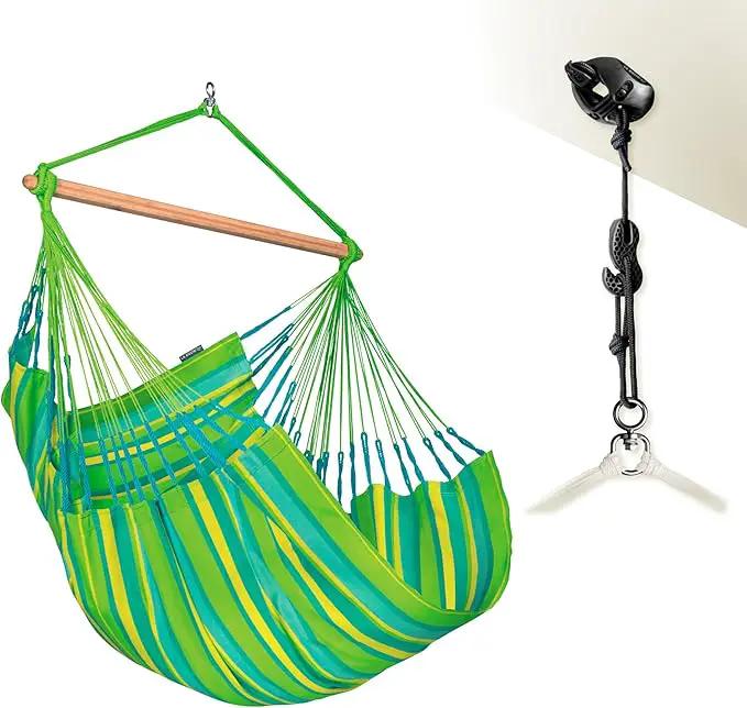 LA SIESTA® - XL King Domingo Hammock Swing Chair & CasaMount - Weather & Tear Resistant Hanging Chair - Outdoor Indoor Hammock Chair w/Suspension Kit for Walls Ceilings Square Beams - Lime by GreenHaven Gardens