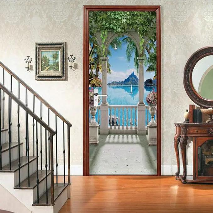 3D Door Stickers Murals - Landscape - Peel and Stick - Waterproof & Washable - Matt Finish - Modern Style - White - 37.4" x 82.7" - 2 Pieces by GreenHaven Gardens