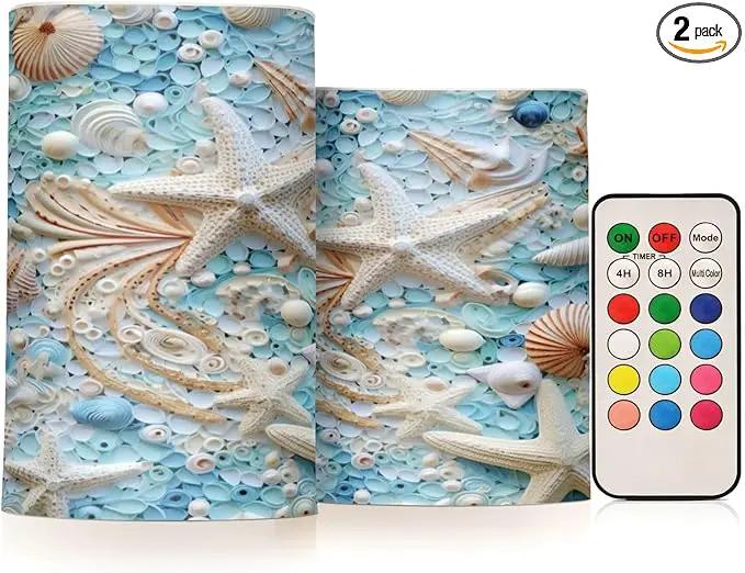 Flickering Flameless Candles, Starfish Seashell LED Candles with Remote Timer, Set of 2 Battery Operated Candle for Valentine Wedding Birthday by GreenHaven Gardens