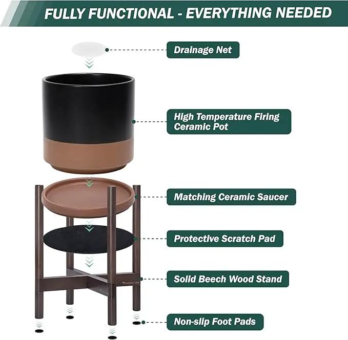D'vine Dev Ceramic Planter with Walnut Color Stand - 12 Inch Modern Round Flower Pot with Wood Planter Holder, Black/Speckled Tan, 55-B-W-7 by GreenHaven Gardens