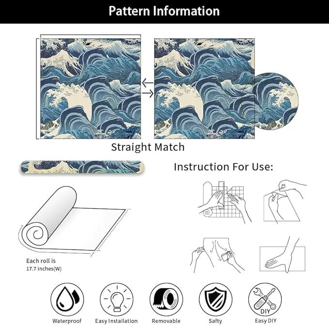 Hand Drawn Blue Sea Wave Reef Peel and Stick Wallpaper Self Adhesive Removable Easy Peel Off Stick on Wall Paper for Bedroom Cabinet Renter Friendly by GreenHaven Gardens