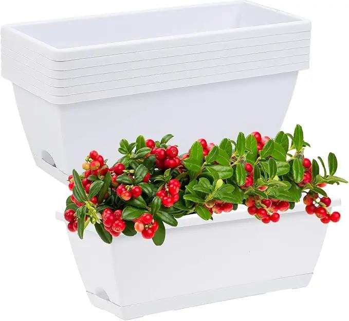Window Box Planter, 7 Pack Plastic Vegetable Flower Planters Boxes 17 Inches Rectangular Flower Pots with Saucers for Indoor Outdoor Garden, Patio, Home Decor (White) by GreenHaven Gardens