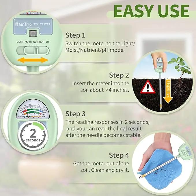 Soil Moisture Meter, 4-in-1 Moisture Meter for Plants, Tester for Moist, Light,Nutrients, pH, Soil Test Kit, Great for Garden, Lawn, Farm, Indoor & Outdoor Use, No Battery Required by GreenHaven Gardens