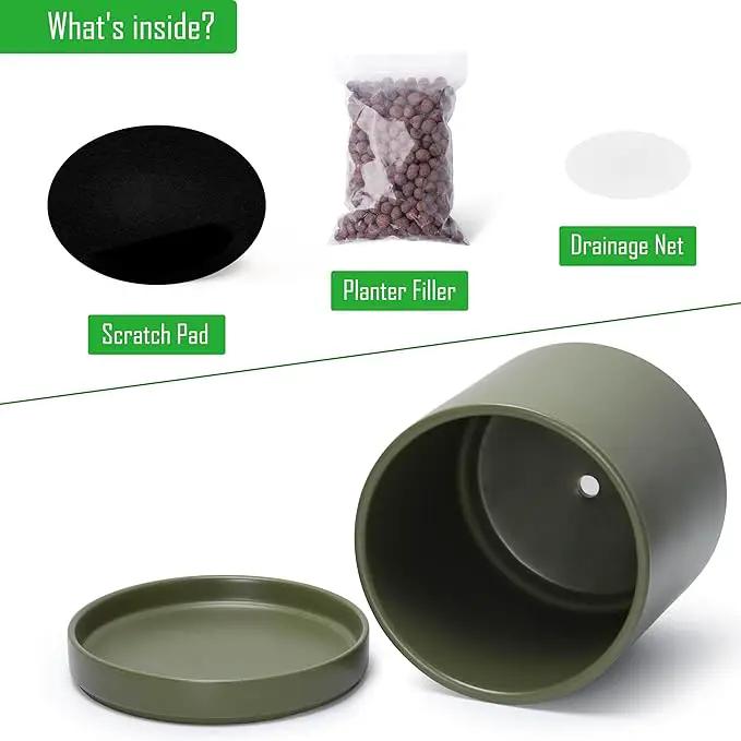 D'vine Dev 12 Inch Ceramic Planter Pot with Drainage Hole and Saucer, Indoor Cylinder Round Planter Pot, Olive, 94-O-F-J by GreenHaven Gardens