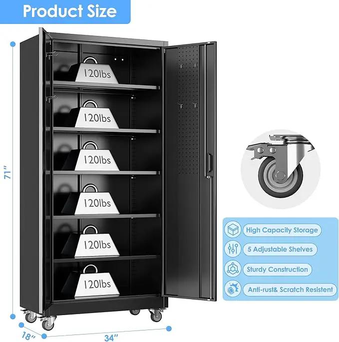 Garage Storage Cabinet with Wheels & Pegboard, 71" H×34" W×18" D Locking Metal Storage Cabinet with 2 Doors and 5 Adjustable Shelves for Garage Workshop Home, Black, Assembly Required by GreenHaven Gardens
