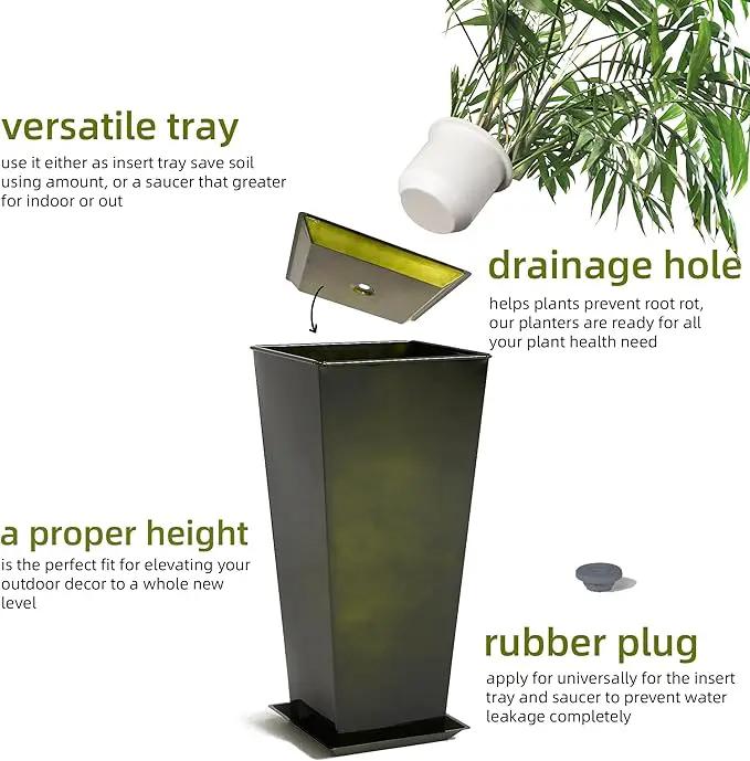 KOL Galvanized Steel Planter 25''H. with Saucer, Bright Glazed Planter with Drainage Hole, Set of 2, Tall Pots for Indoor & Outdoor Use, Decorative Flower Plant Pots for Porch, Patio, Deck - Green by GreenHaven Gardens