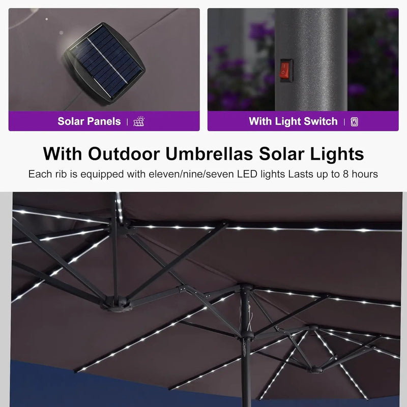 PURPLE LEAF 14ft Patio Umbrella with Solar Lights Outdoor Double-Side Market Umbrella with Base Included Rectangle Table Umbrella for Pool Garden Backyard, Light Grey by GreenHaven Gardens