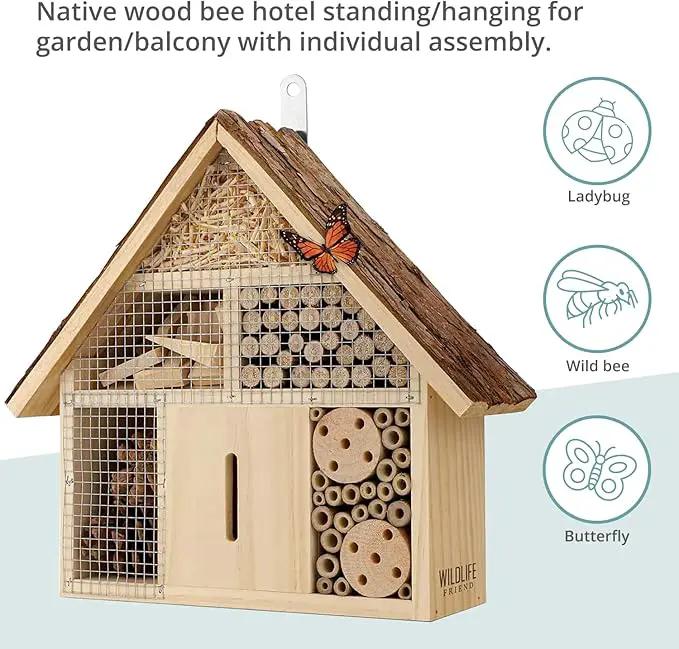 Small Insect Hotel with Bark Roof - Untreated Natural Wood Insect House for Bees, Ladybugs, Lacewings & Butterflies - Nesting Aid for Hanging, Bee Hotel by GreenHaven Gardens