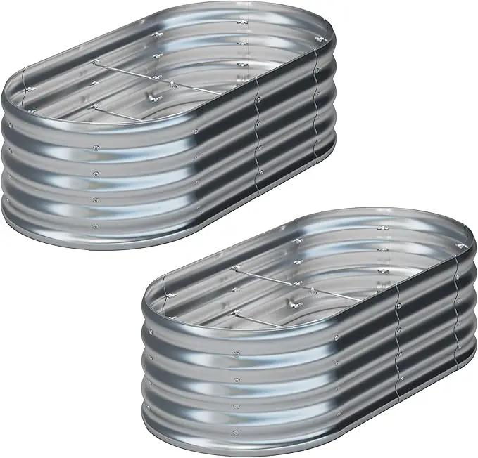 KFN 2PCS 4x1.8x1FT Galvanized Raised Garden Bed,Raised Garden Bed Kit-Oval Metal Vegetable Box,Large Planter Flower Boxes Outdoor,Planting for Vegetables,Flower,Herb,Sliver,0.7mm by GreenHaven Gardens