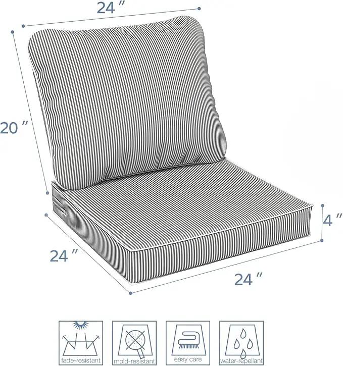 LVTXIII Outdoor Seat and Back Cushion Patio Deep Seat Cushion Set Seasonal Chair Cushion for Wicker Chairs and Garden Furniture Decoration, 24"x24"x4", Strip Grey by GreenHaven Gardens