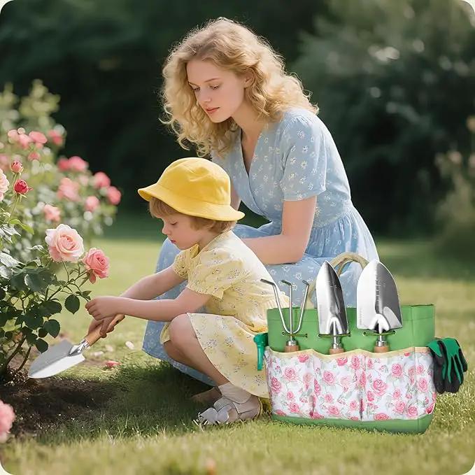 Garden Tool Set,10 Piece Garden Kit,Heavy Duty Stainless Steel Gardening Hand Tools with Durable Storage Tote,Rust-Proof Garden Tools,Gardening Gifts for Women Men Pink Floral Pattern Design by GreenHaven Gardens