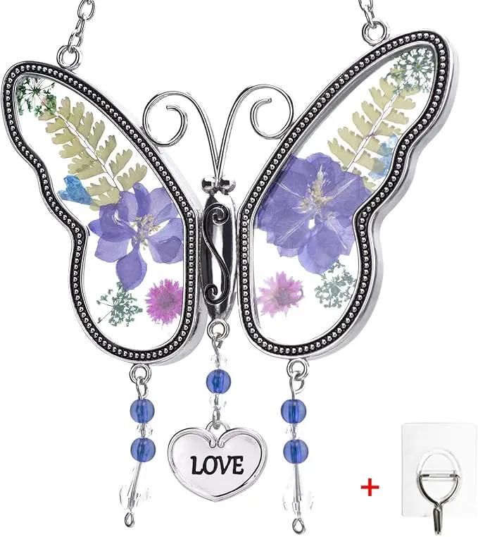Laraine Butterfly Suncatcher with Pressed Flower Wings Mom Mother's Day Butterfly Glass Wind Chime Ornament Charm with Metal Heart Gifts for Mom Grandma Aunt Birthday (Purple Love (with Free Hook)) by GreenHaven Gardens