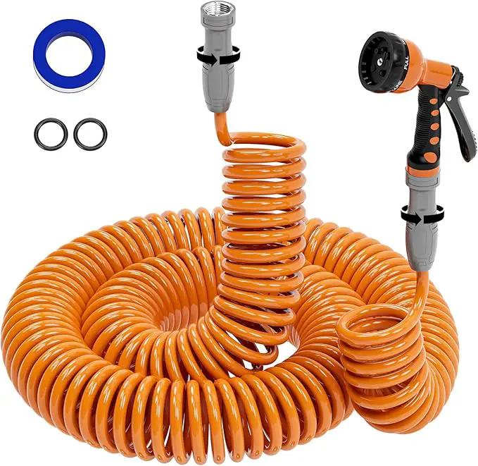 3/8” Lightweight Coil Garden Hose 100 FT, EVA Retractable Curly Water Pipe with 6-Pattern Spray Nozzle for Boat, Greenhouse, Yard, Patio (Orange) by GreenHaven Gardens