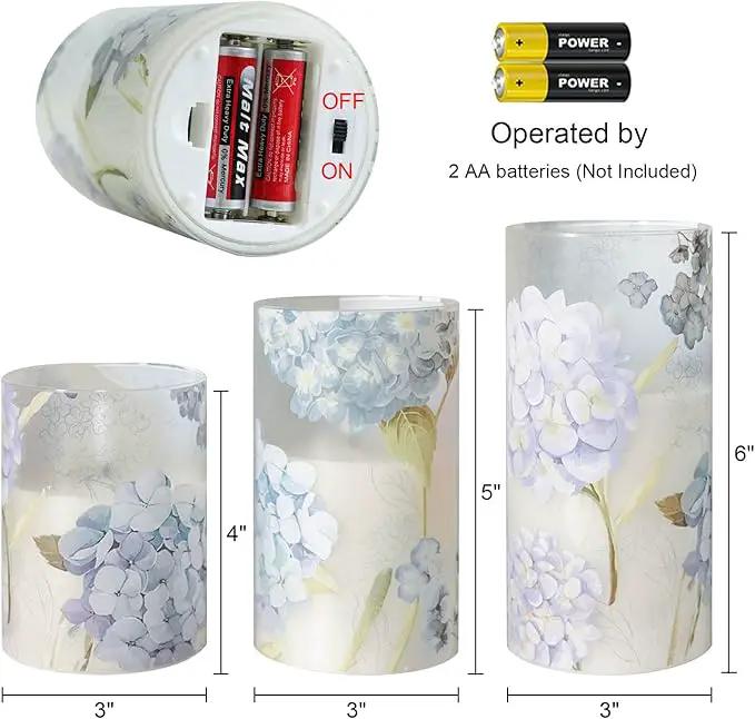 Hydrangea Flameless Candles Flickering, Spring LED Battery Operated Candles with Remote Timer, Glass and Real Wax Pillar Candles for Garden Home Decor(Set of 3, D3 xH4 5" 6") by GreenHaven Gardens