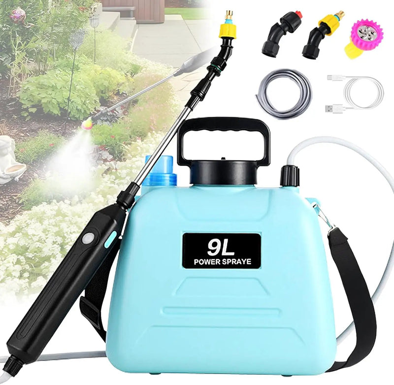 2.4 Gallon Battery Powered Sprayer, Electric Battery Operated Sprayer, Weed Power Sprayers in Lawn and Garden with Adjustable Shoulder Strap and Rechargeable Handle, 3 Mist Nozzles (Blue) by GreenHaven Gardens