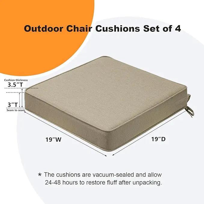 Square Corner Seat Cushions, 19" x 19" x 3", Set of 4, Indoor Outdoor Water Repellent Universal Chair Pads with Ties for Patio Furniture, Garden Deck Dining Chairs, Tan by GreenHaven Gardens