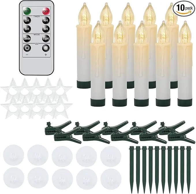 DRomance Christmas Tree Flameless Taper Candle Lights Battery Operated with 10-Key Remote and Timer, 10 Pack Plastic Flickering LED Taper Candles Multi-Using Home Garden Holiday Decor 3.4" by GreenHaven Gardens