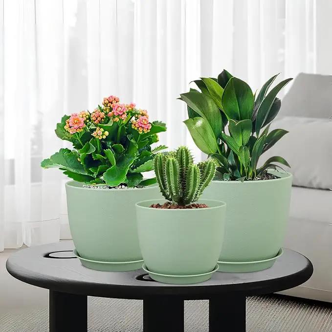 Flower Pots 9/8/7.5 inch, Plant Pots for Indoor Outdoor Plants, Set of 3 Modern Decorative Plastic Planters with Drainage Holes and Saucers for Garden Porch House Plants, Green by GreenHaven Gardens