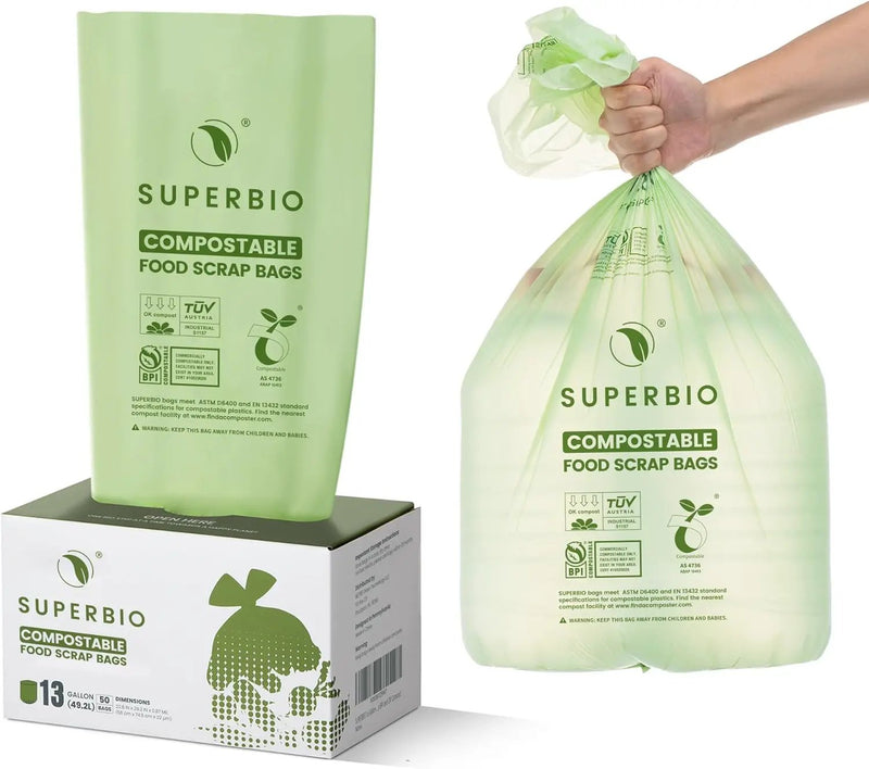 SUPERBIO 13 Gallon Compostable Kitchen Waste Bags, 50 Count, 1 Pack, Flat top Food Scrap bags, Certified by BPI and OK compost INDUSTRIAL, 49.2L, 0.87 Mil by GreenHaven Gardens