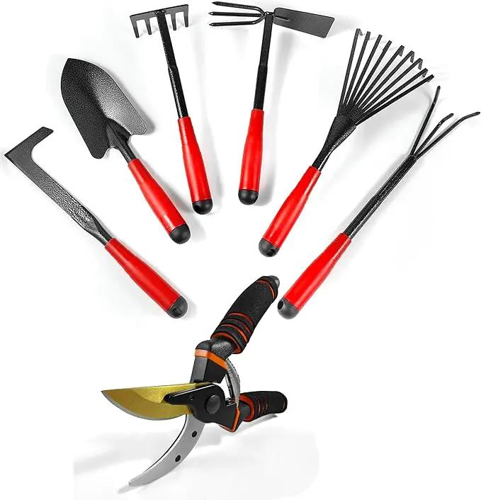 Set of 7 Gardening Tool Set, Rust-Resistant Handy Tools for Gardening, Ideal Gardening Gift Set, Including Trowel, Weeder, Hoes, and Rakes (Red) by GreenHaven Gardens