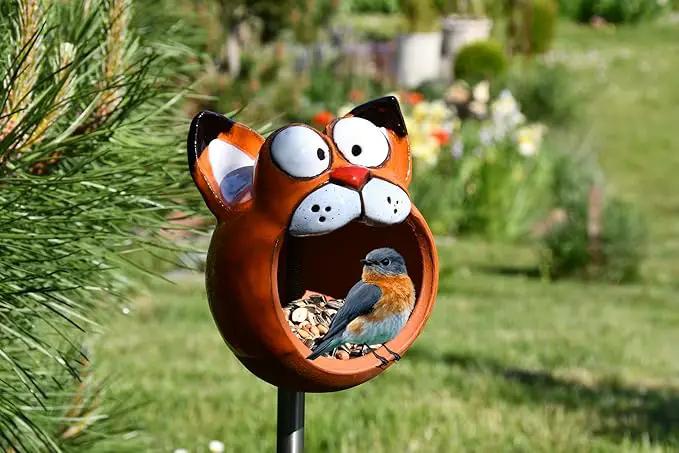 Ceramic Garden Decor - Cat Lawn Stake - Bird Feeder - Outdoor Statue - Perfect, Unique Gifts for Gardeners Woman, Men - Handmade, Frostproof by GreenHaven Gardens