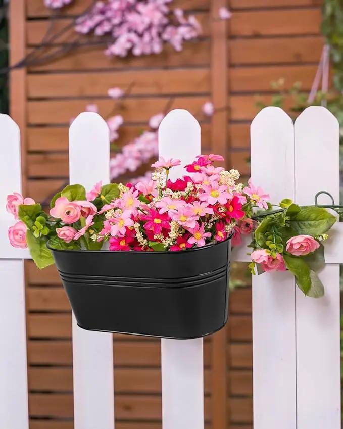 vensovo Metal Railing Planter for Outdoor Plants - 5 Pack Balcony Hanging Flower Pots with Detachable Hooks and Drain Holes Oval Bucket Rail Box Fence Planters for Home Garden Decor, Black by GreenHaven Gardens